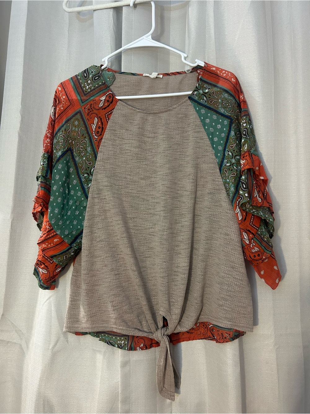 La Miel Boho Mixed Media Scarf Print Sleeve Tie Front Waffle Knit Top L